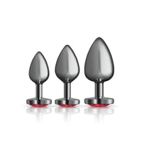 Cheeky Charms Round Metal Butt Plug Gunmetal 3 Pack Kit w Dark Red Heart Jewel - Gun Metal
