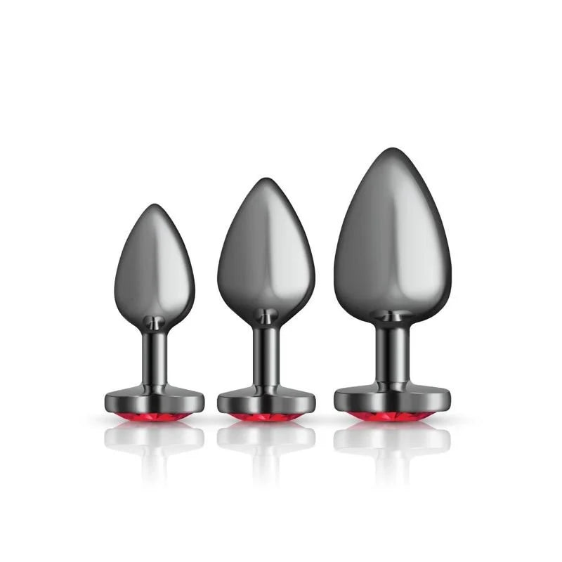 Cheeky Charms Round Metal Butt Plug Gunmetal 3 Pack Kit w Dark Red Heart Jewel - Gun Metal